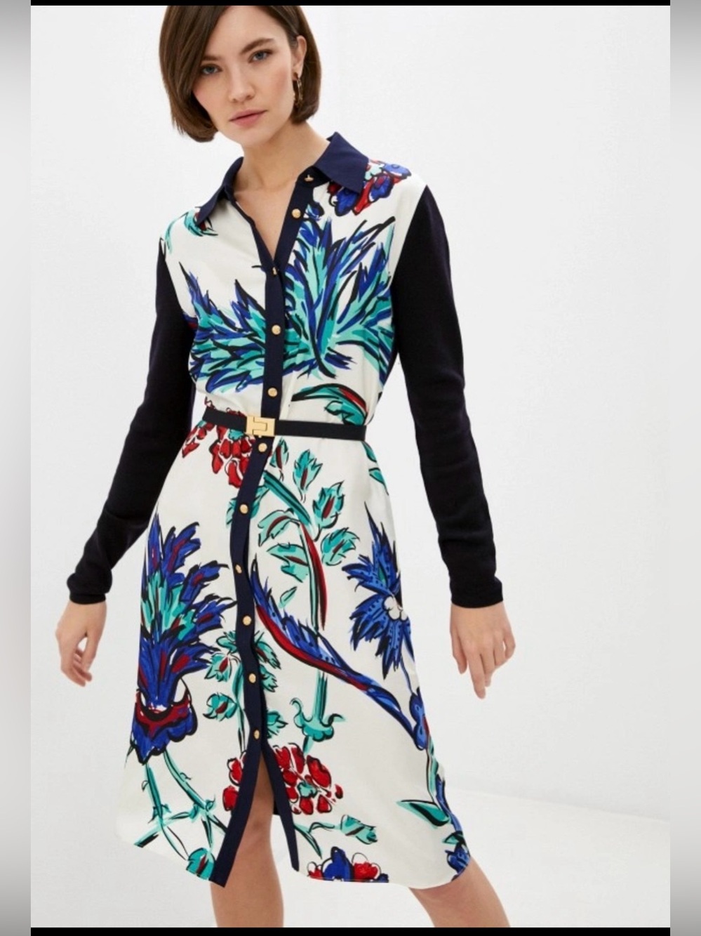Tory Burch Silk Print Button-Front Shirt Dress in White and Navy size L